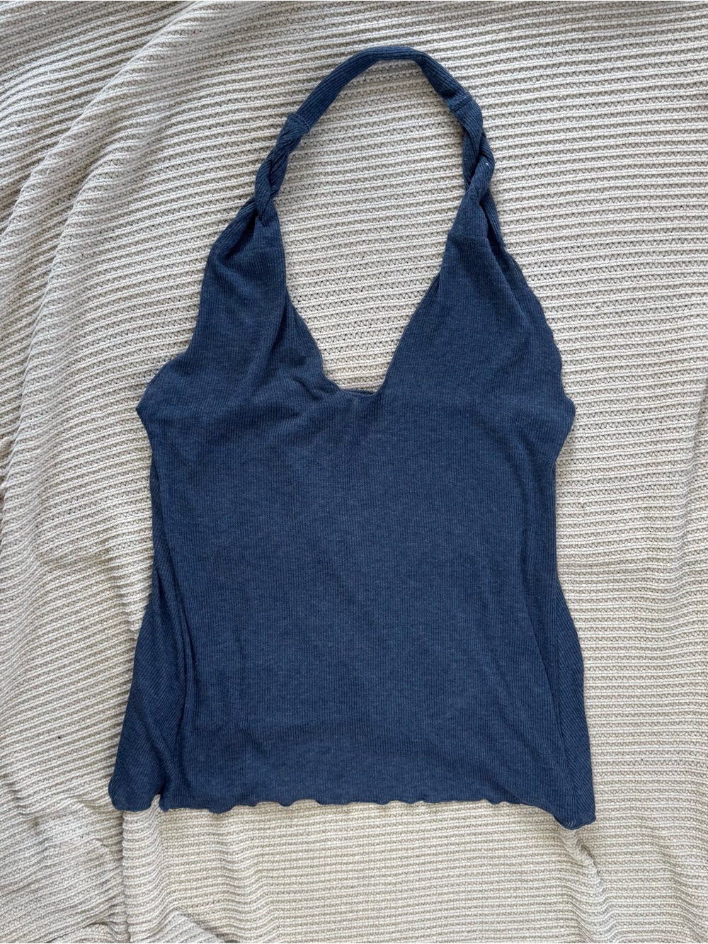 Free People Intimately Enough Said Ribbed V Neck Halter Top Tank Navy Blue LG